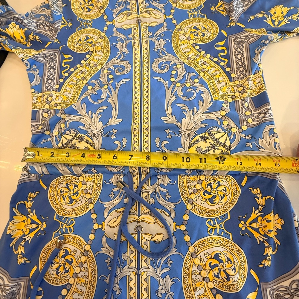 J. McLaughlin Marianne Blue and Gold Three Quarters Long Sleeve Dress - Picture 9 of 10